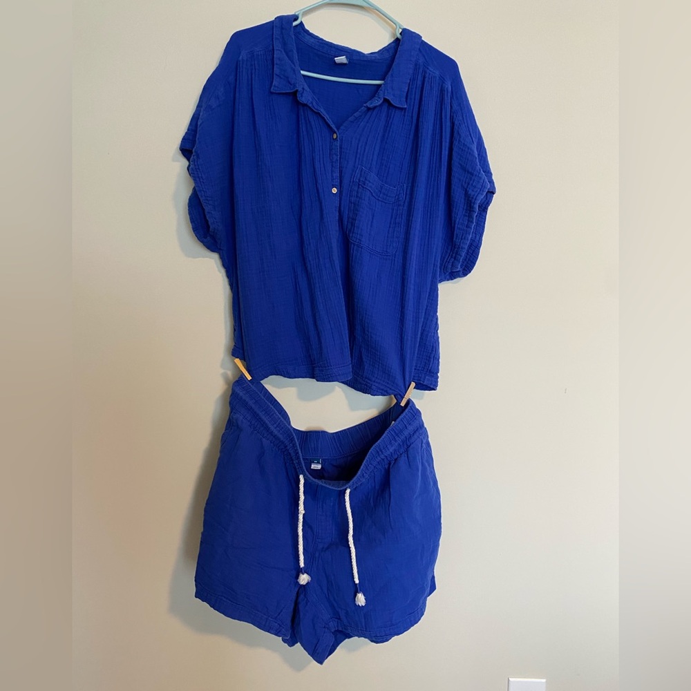 Blue Button-Up Shirt and Shorts Set